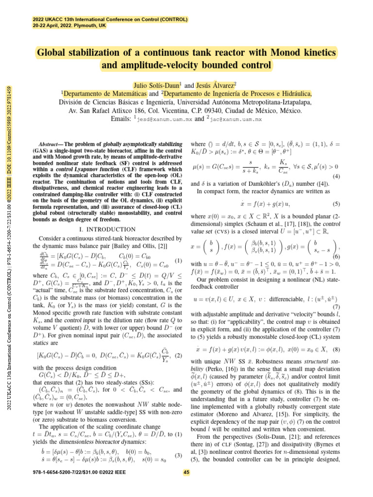 Global Stabilization Continuous Tank Reactor | PDF | Function ...