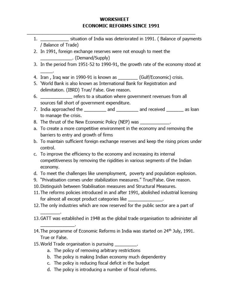 Economic Reforms Worksheet | PDF | Taxes | Exports