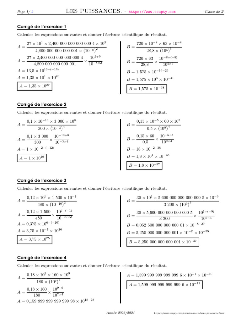 Exercice Puissances 3eme 2 Corrige | PDF