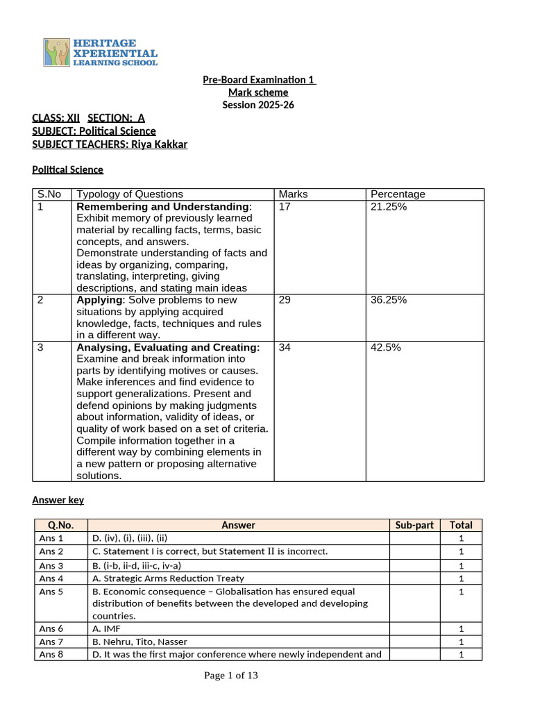 Grade XII - Political Science MS - Pre-Board 1 | PDF | Bharatiya Janata ...