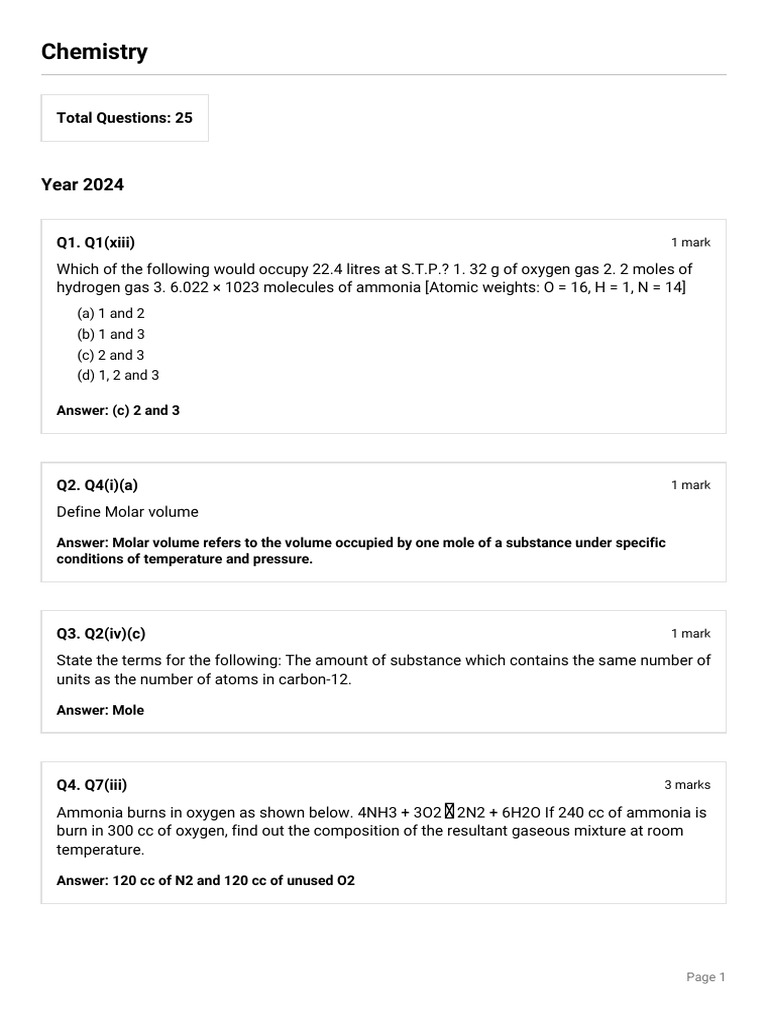 EducationAI Chemistry Mole Concept and Stoichiometry With Answers 2026 ...