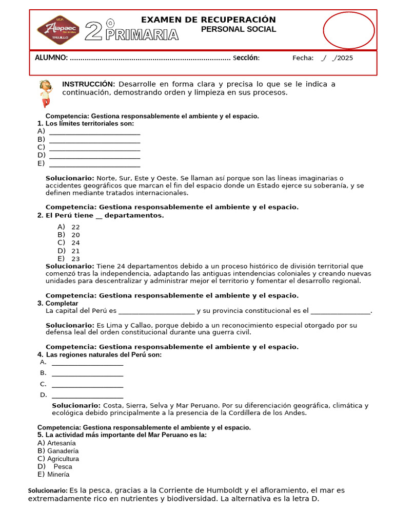 Examen de Recuperación Personal Social de 2do Con Solucionario | PDF ...