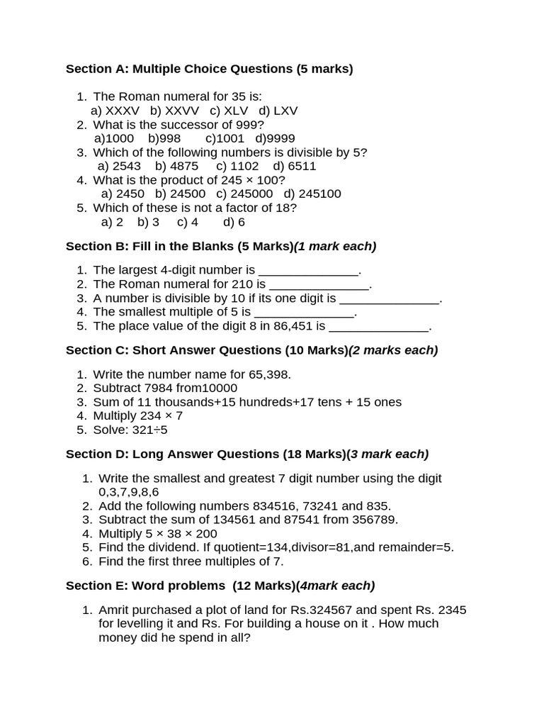 Class 4 Maths Question Paper | PDF