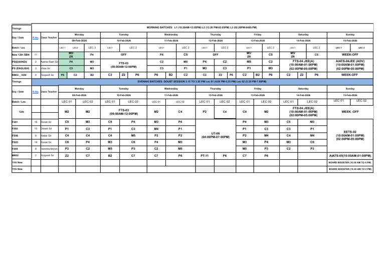 Engineering Time Table 09-02-2026 To 16-02-2026 | PDF