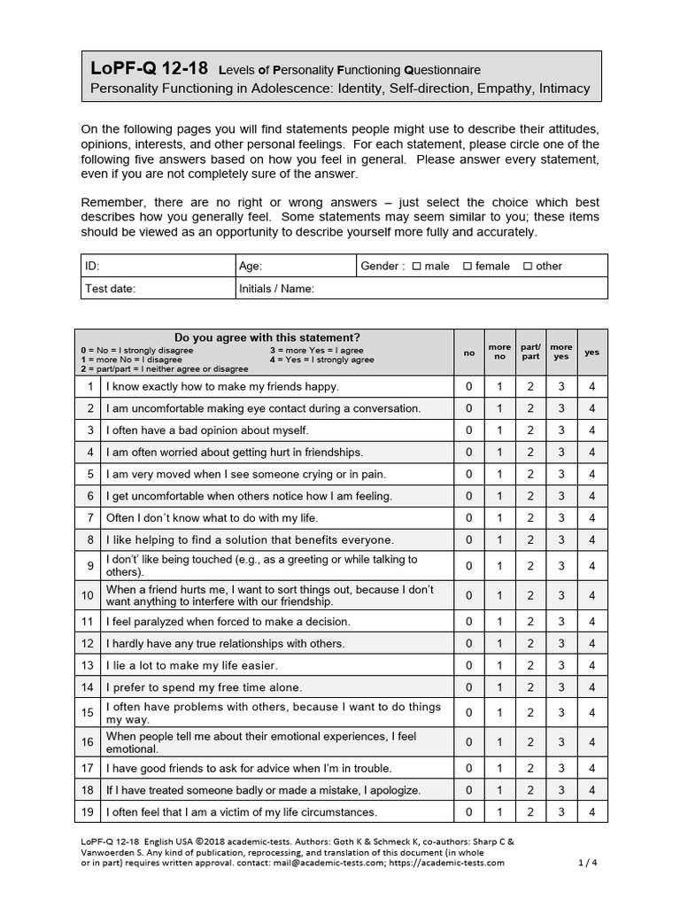 LoPF-Q 12-18 English USA Questionnaire | PDF | Interpersonal ...