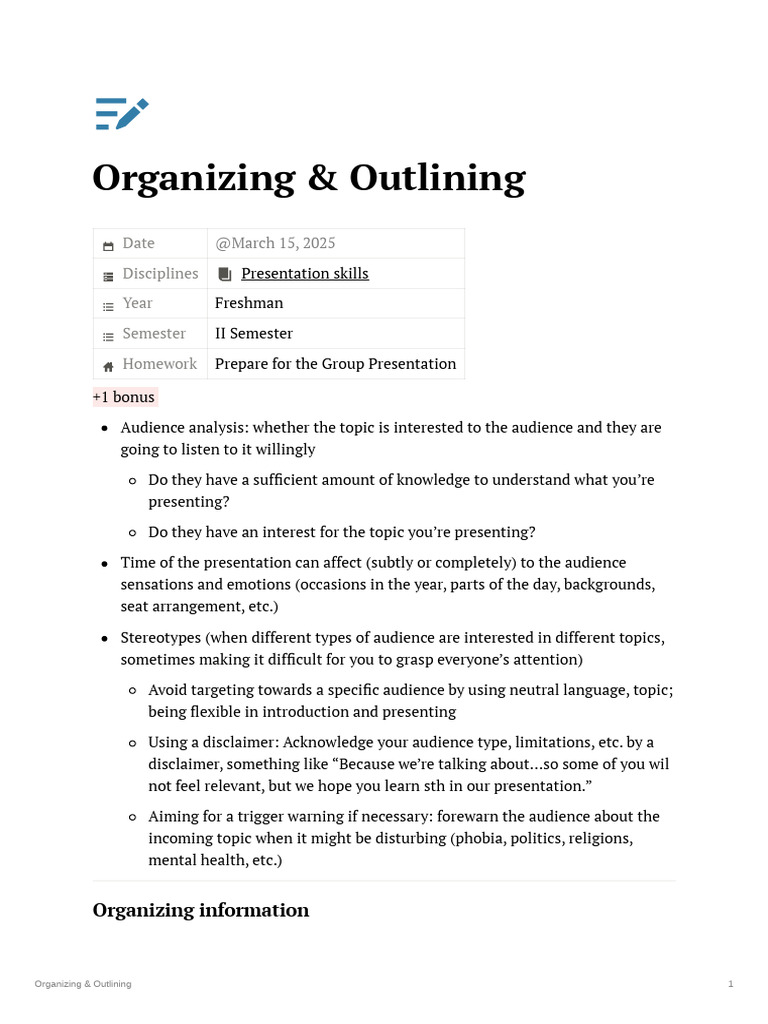 Organizing and Outlining | PDF | Communication | Psychology