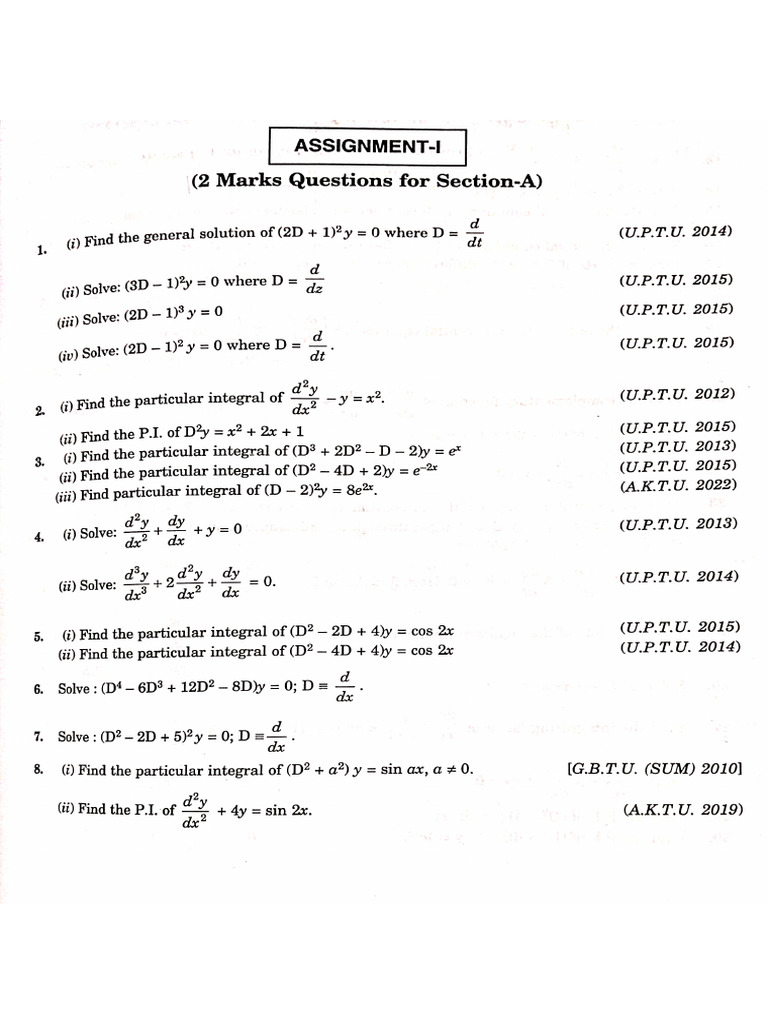 Math's Assignment-1, Unit-1, Ordinary Differential Equation of Higher ...