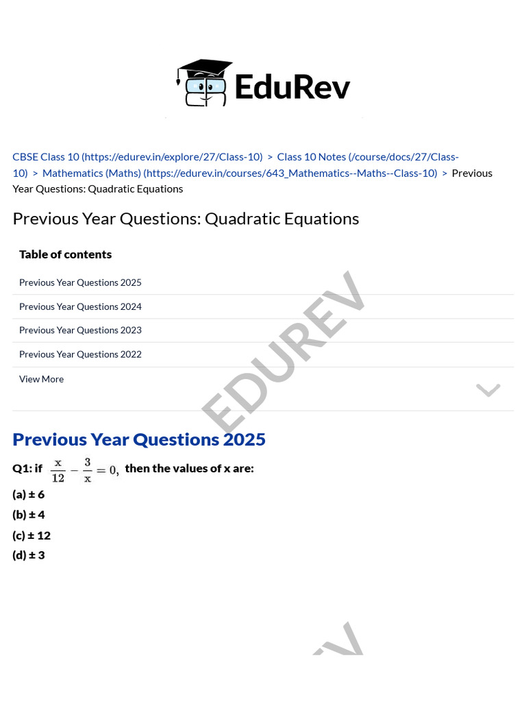 EDUREV04 - Quadratic Equations | PDF | Quadratic Equation | Algebra