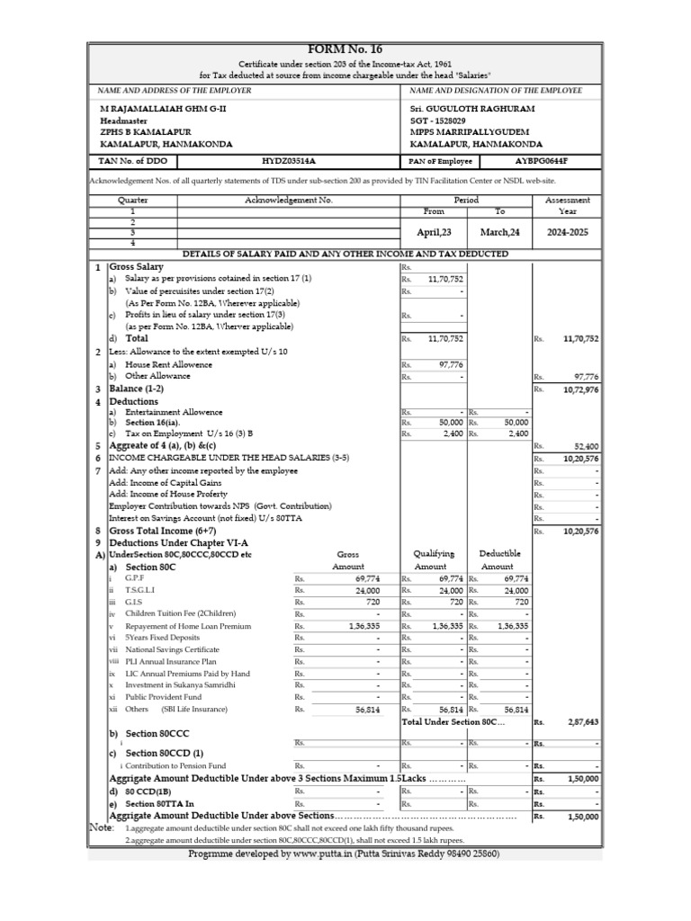 FORM No. 16: Name and Address of The Employer Name and Designation of ...
