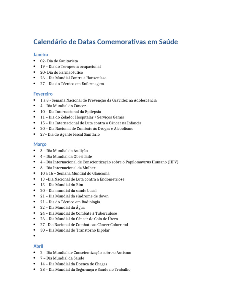 Calendario - Datas - Comemorativas - Saude 2026 | PDF | Câncer ...