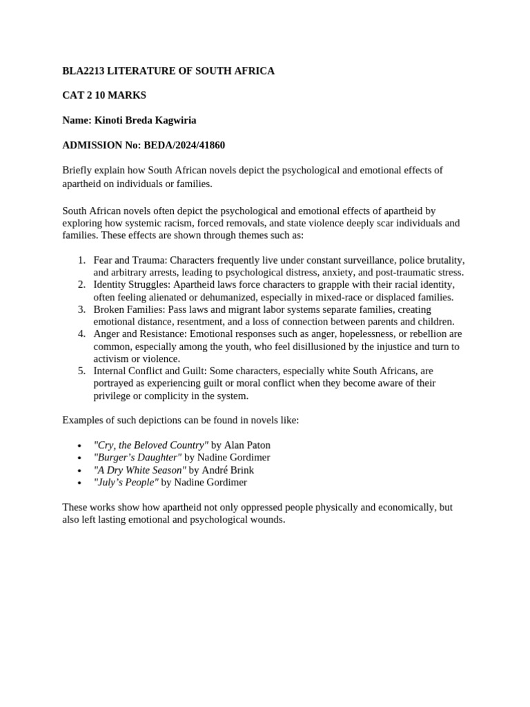 Bla2213 Literature of South Africa | PDF