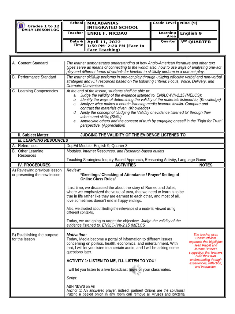 Daily Lesson Log For Cot 1 3rd Q Nicdao | PDF | Learning ...
