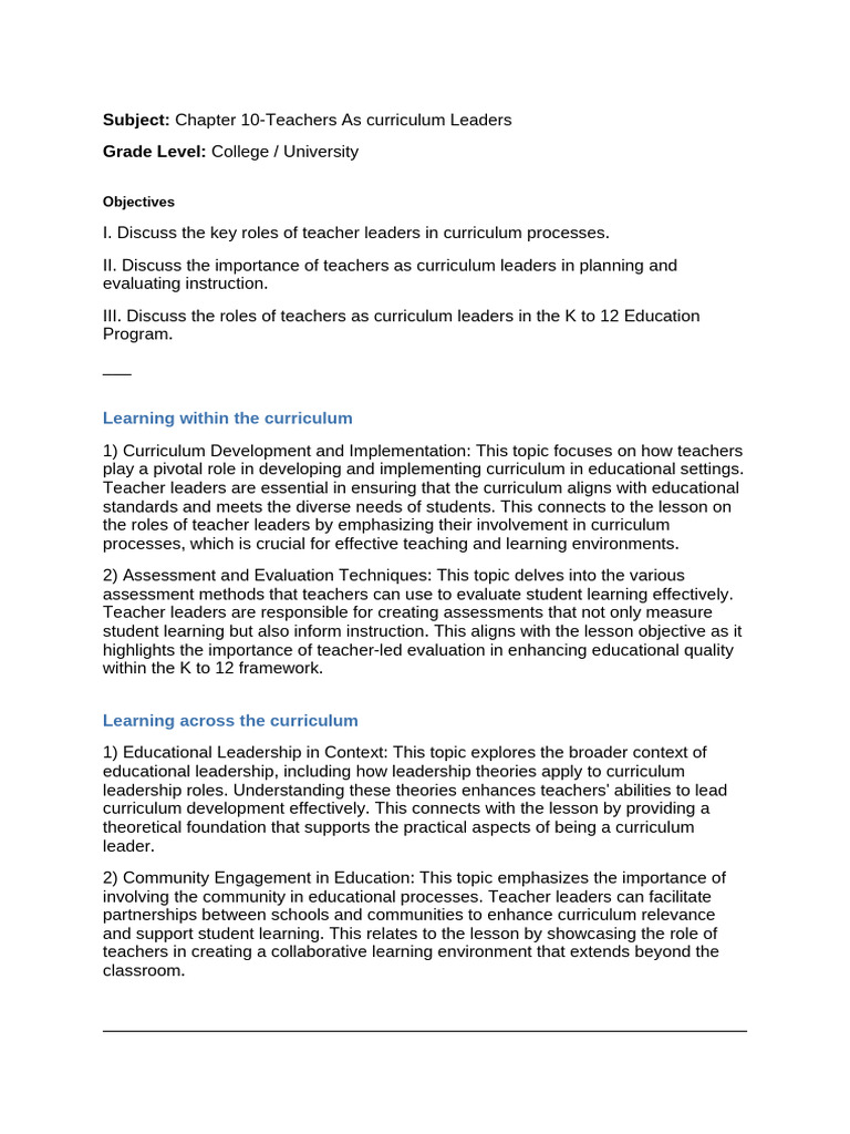 Lesson - Plan - Chapter 10-Teachers As Curriculum Leaders | PDF ...
