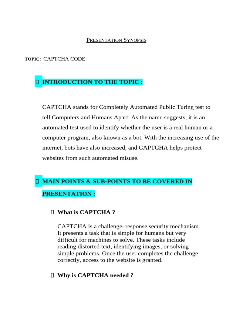 Introduction To The Topic:: Captcha Code | PDF | Internet Bot | Computing