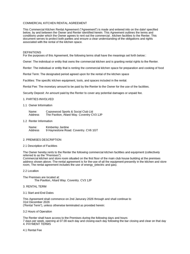 Kitchen Rental Contract | PDF | Indemnity | Renting