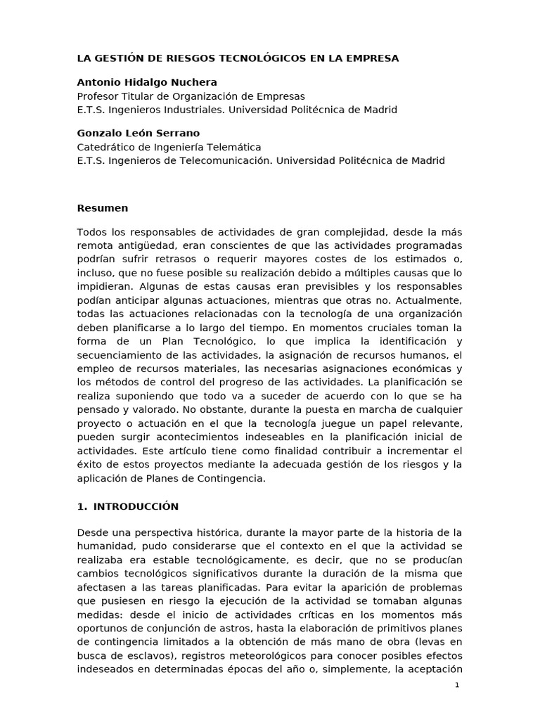 La Gestion de Riesgos Tecnologicos en La Empresa | PDF | Riesgo ...