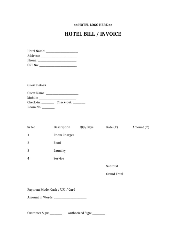 Hotel Bill With Logo Template | PDF