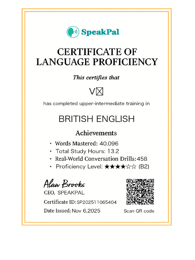 SpeakPal Language Certificate SP202511065404 | PDF