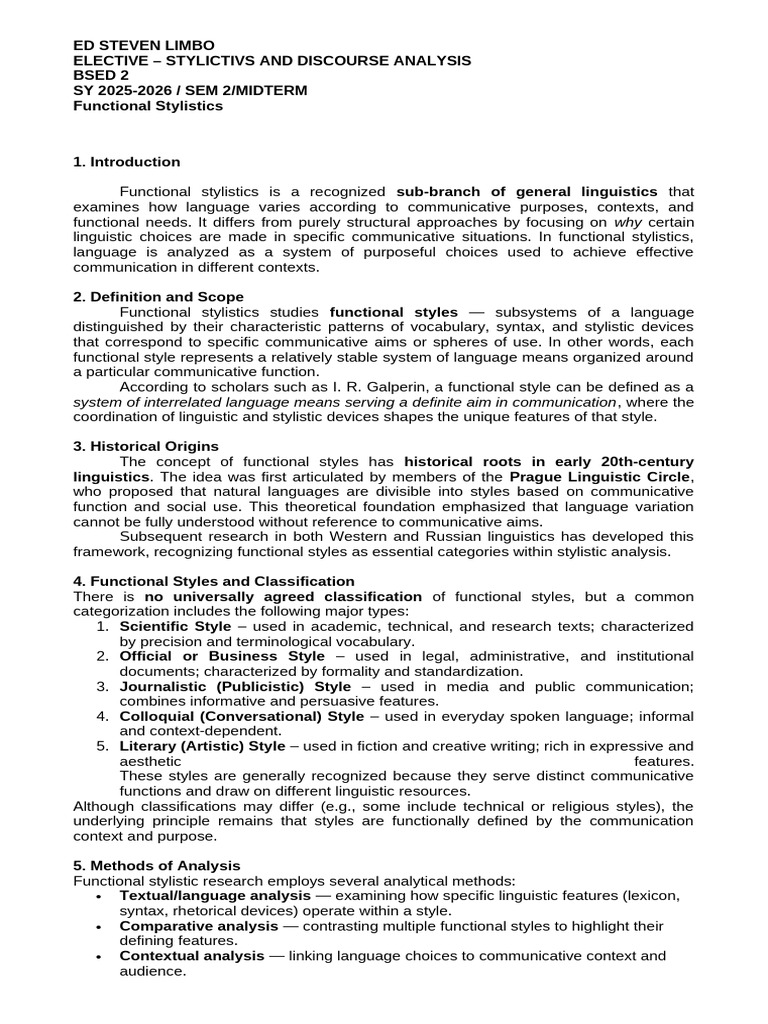 Ed Steven Limbo-Functional Stylistics | PDF | Linguistics | Human ...