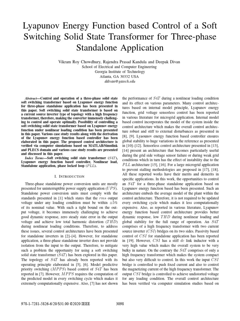 Lyapunov Energy Function Based Control of A Soft Switching Solid State ...