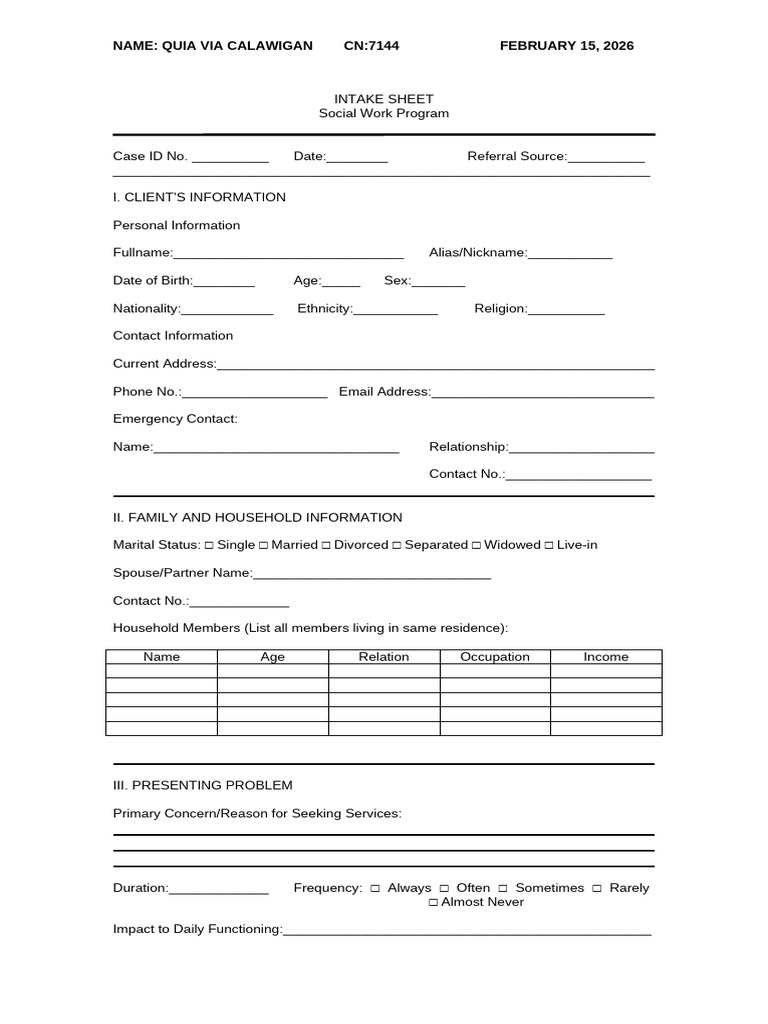 SWP 7 Socical Work Intake Sheet | PDF | Mental Health | Social Policy