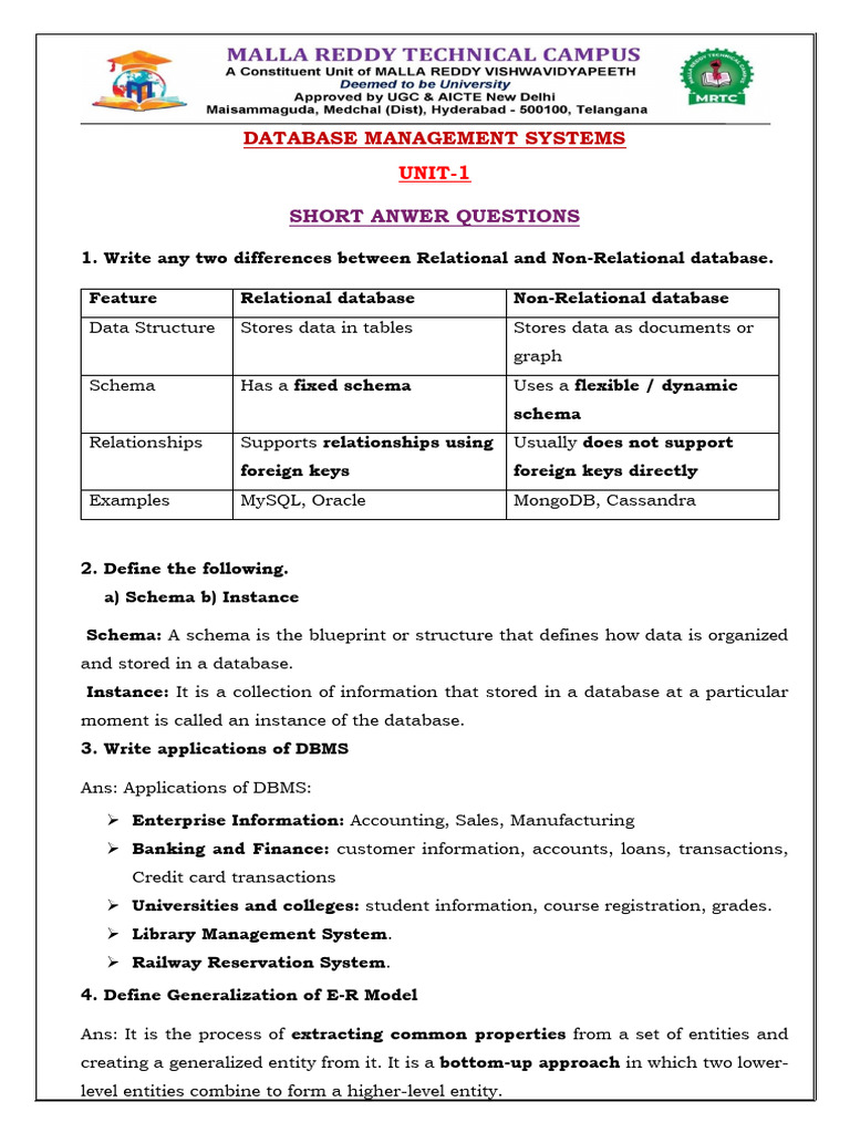 DBMS - MID1 Question Bank | PDF | Databases | Table (Database)