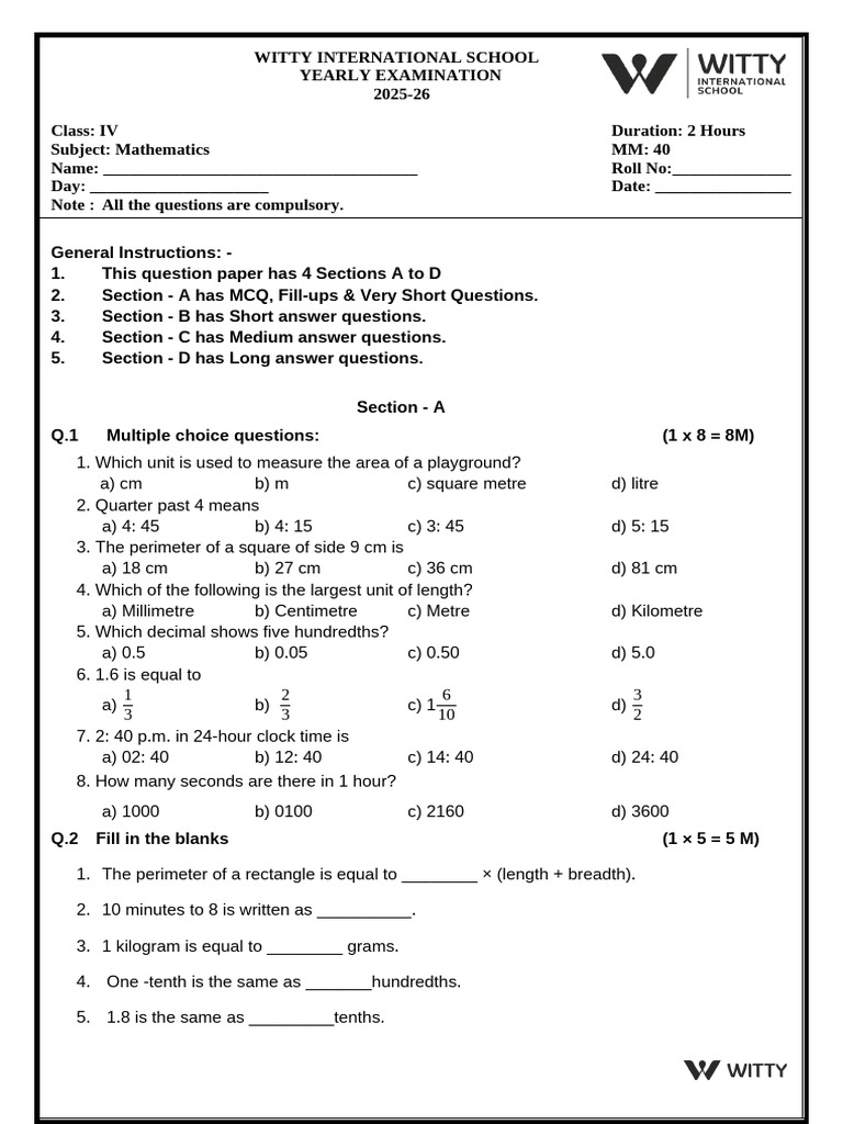 4 Maths Annual Paper Set 2 | PDF | Area | Length