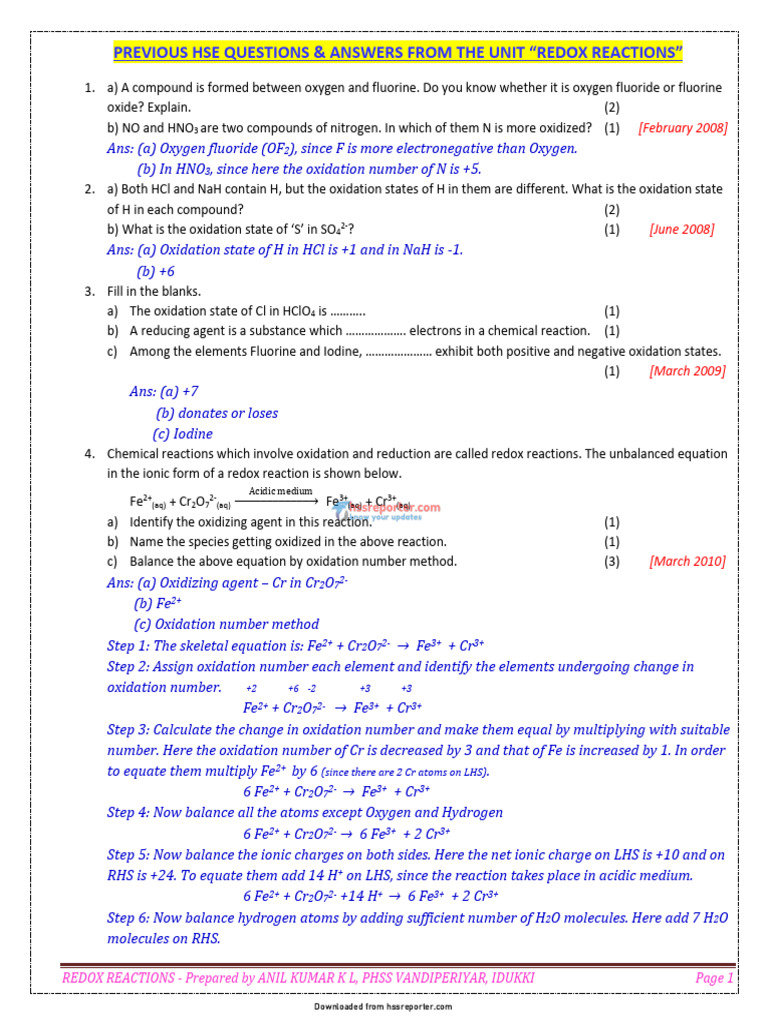 7 Redox Reactions Q & A (Hssreporter - Com) - 260204 - 233354 | PDF ...