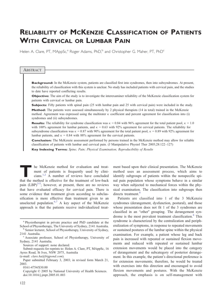 Reliability of Mckenzie Classification of Patients With Cervical or ...