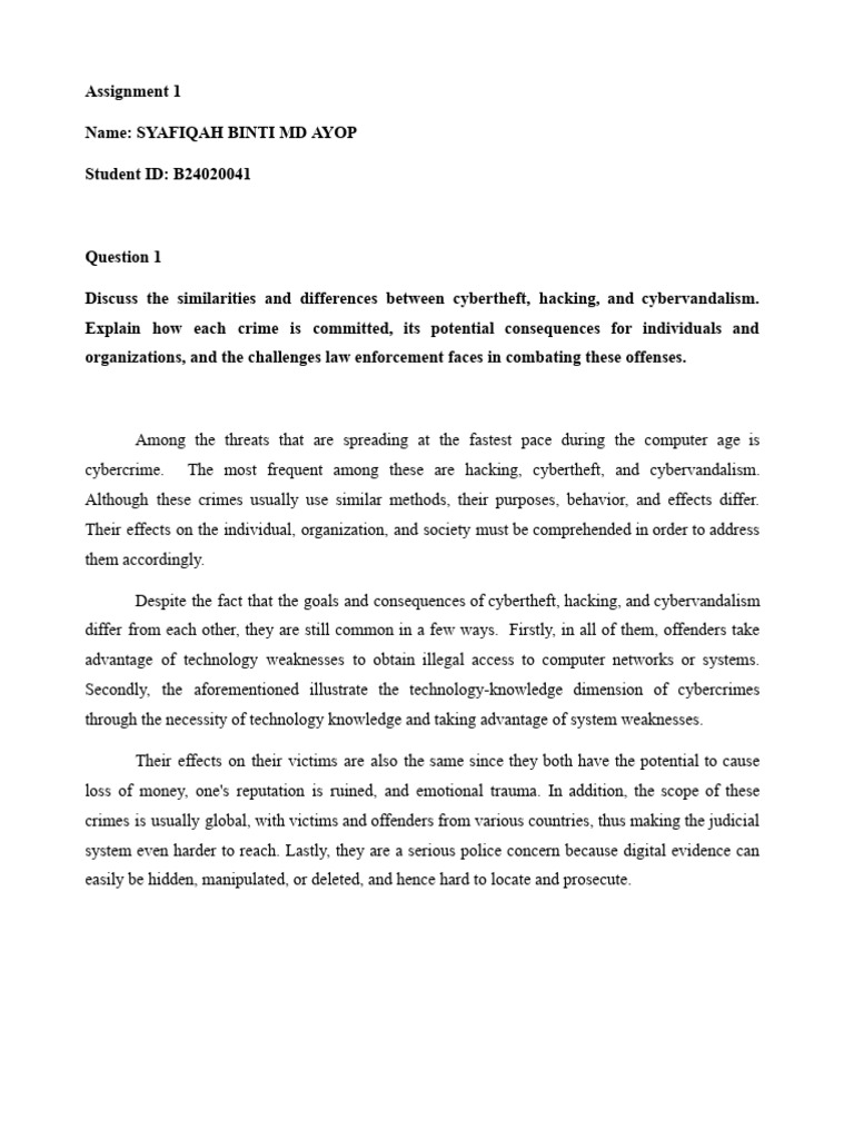 Assignment 1 Cybercrime | PDF | Security Hacker | Cyberbullying