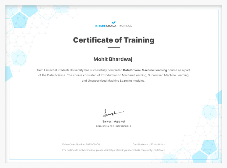 Data Driven - Machine Learning Training - Certificate of Completion | PDF