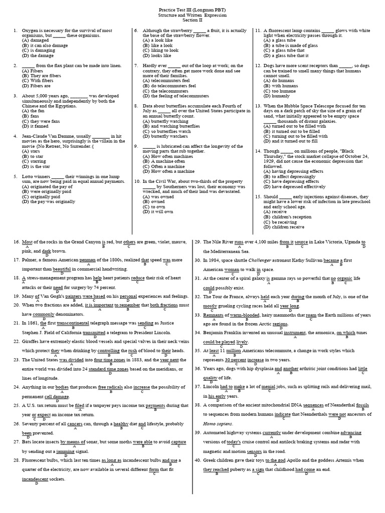 Practice Test 3 - Structure (Longman PBT) | PDF