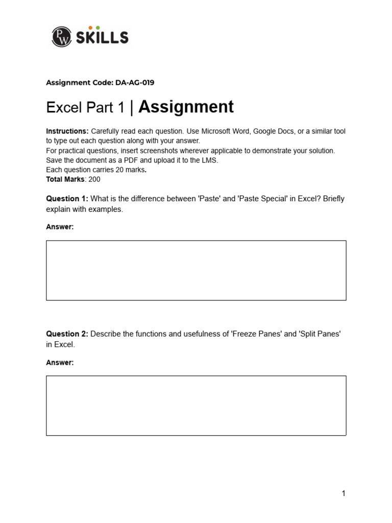 Excel Part 1 Assignment Questions | PDF | Microsoft Excel | Software ...