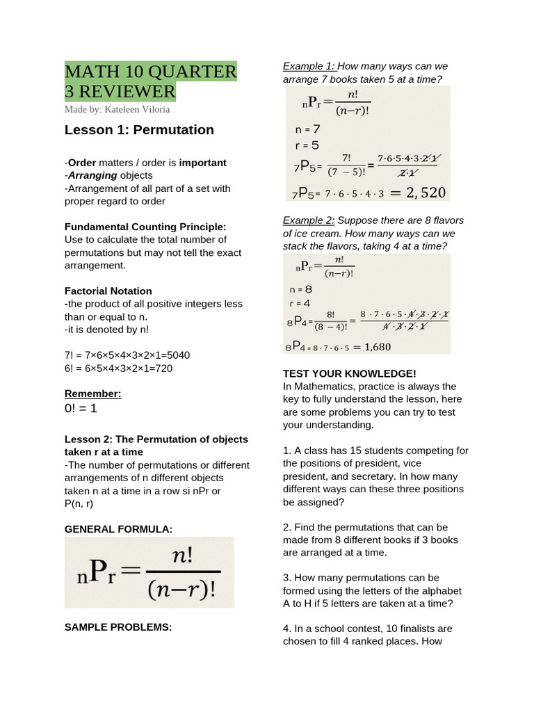 Math 10 3rd Quarter Reviewer | PDF | Probability | Permutation