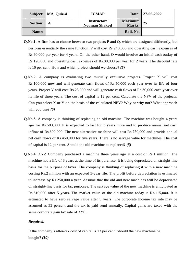 MA Quiz-4 | PDF | Depreciation | Net Present Value