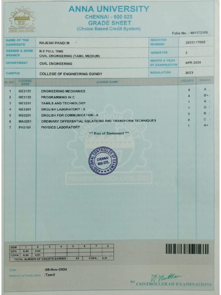 2 ND Sem Mark Sheet | PDF