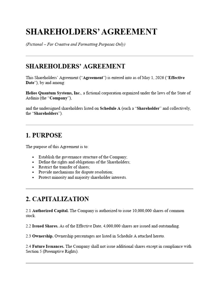 Shareholder's Agreeement - Fully Functional and Detailed in ...