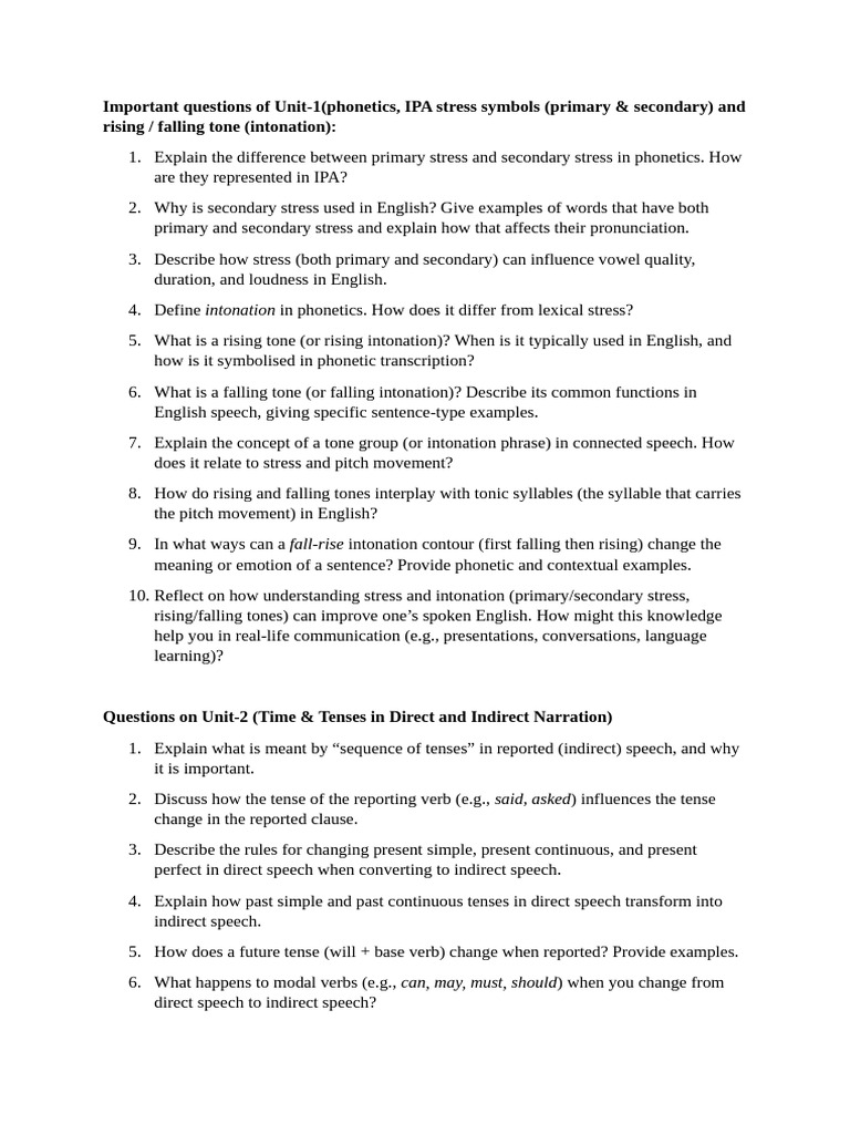 Important Questions of MIL | PDF | Stress (Linguistics) | Verb