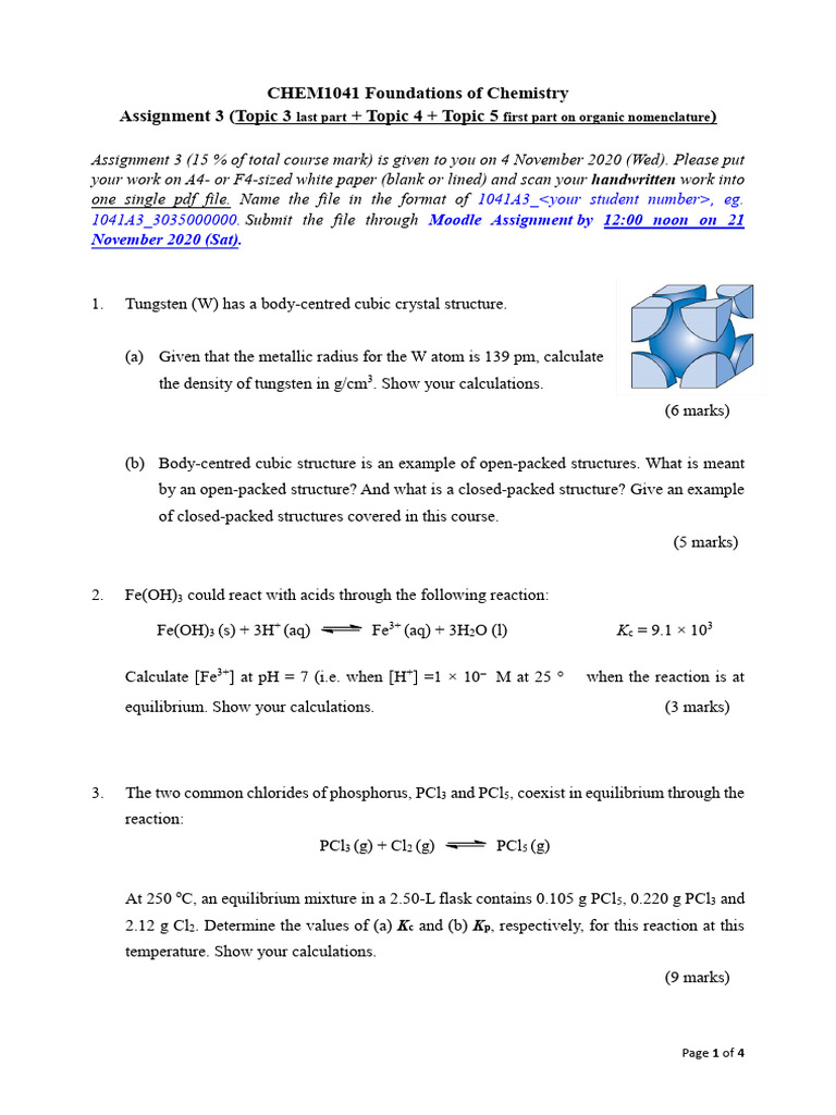 CHEM1041 Foundations of Chemistry Assignment 3 (Topic 3 + Topic 4 ...