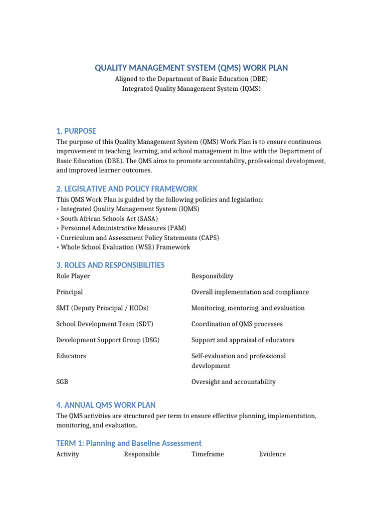 DBE QMS Work Plan and Monitoring Templates | PDF | Quality Management ...