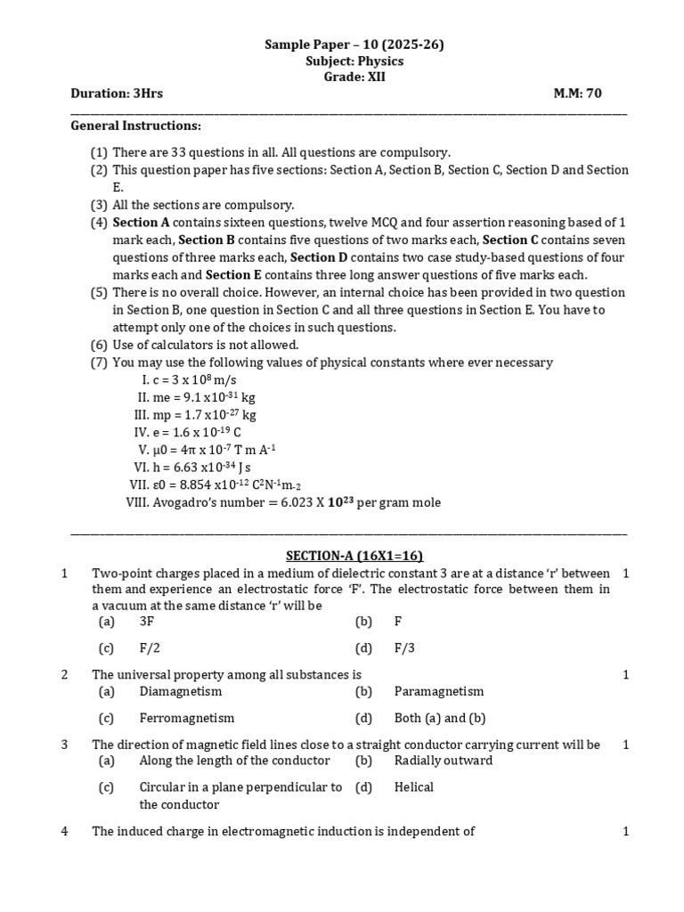 Physcs Paper Set-A Xii | PDF | Capacitor | Capacitance