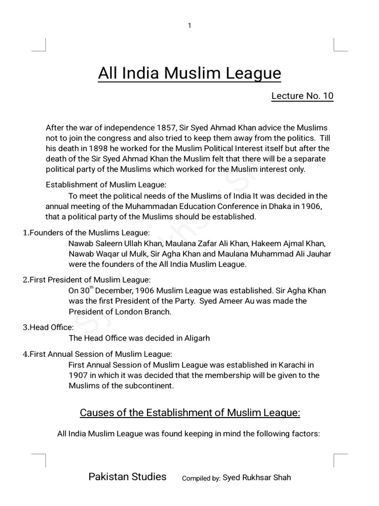 (Lecture-10) Formation of All India Muslim League (Week-5) | PDF | All ...