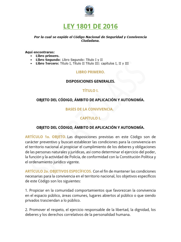 Ley 1801 de 2016 Articulos A Estudiar 2026 | PDF | Policía | Regulación