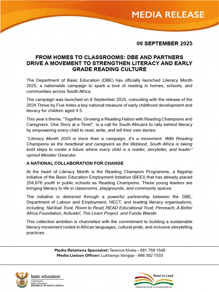 Dbe and Partners Drive A Movement To Strengthen Literacy and Early ...