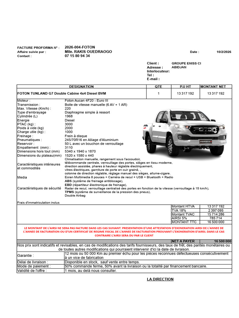 FOTON PICK UP TUNLAND G7 BVM 4X4.xlsx - TTC+AIRSI | PDF | Taxe sur la ...