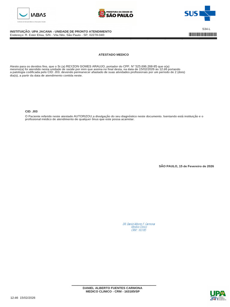 Atestado Medico Clinico Reyzon Gomes Araujo | PDF | Sistema de saúde ...