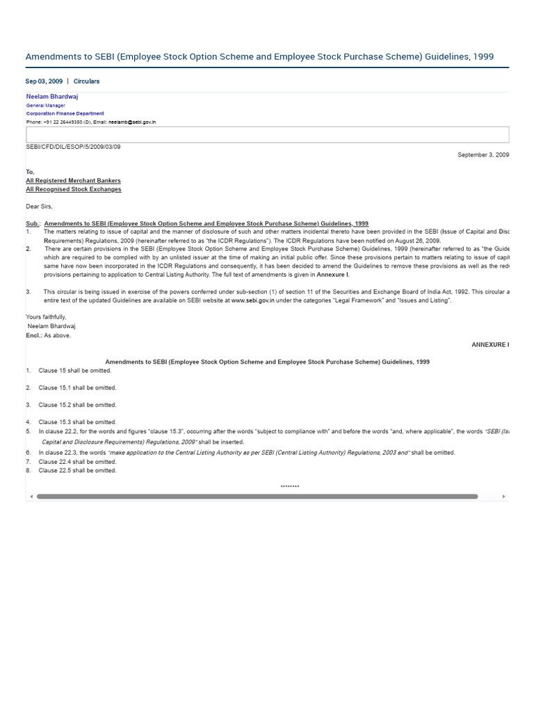 Amendments To SEBI Employee Stock Option Scheme and Employee Stock ...
