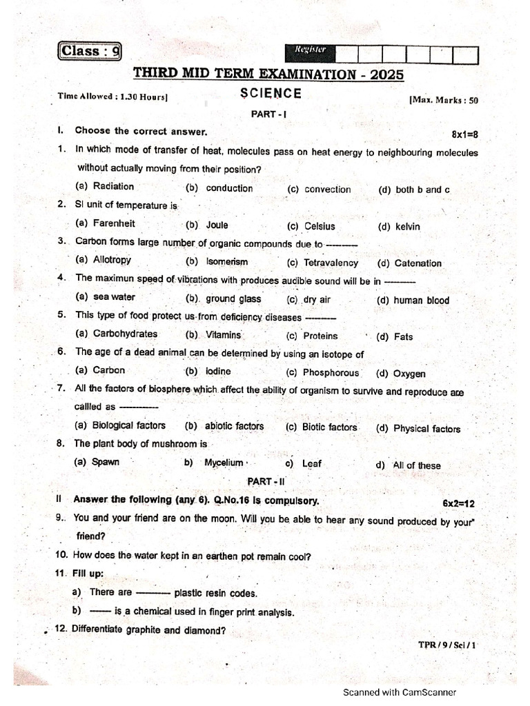9th Science EM 3rd Mid Term Exam 2025 Question Paper English Medium PDF ...