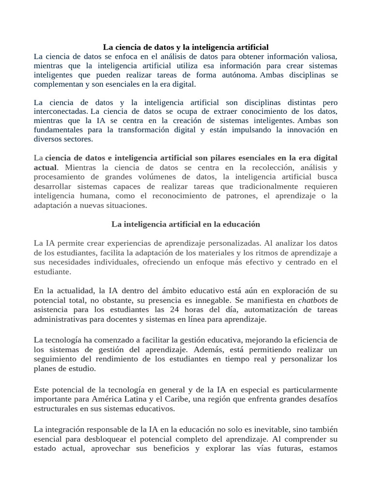 La Ciencia de Datos y La Inteligencia Artificia1 Yuri | PDF ...