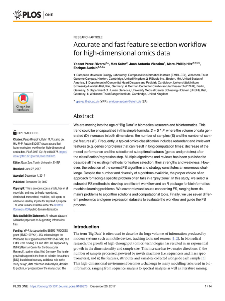 Accurate and Fast Feature Selection Workflow For High-Dimensional Omics ...